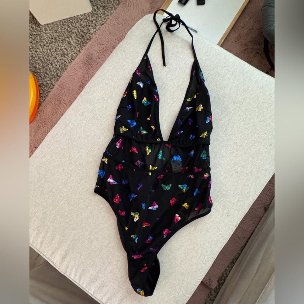 Black mesh metallic butterfly bodysuit